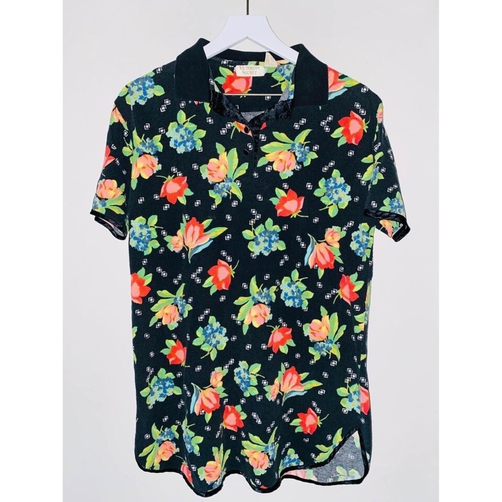 P1 Vintage Victoria's Secret Polo blouse flowers medium large Women's Rare HTF
